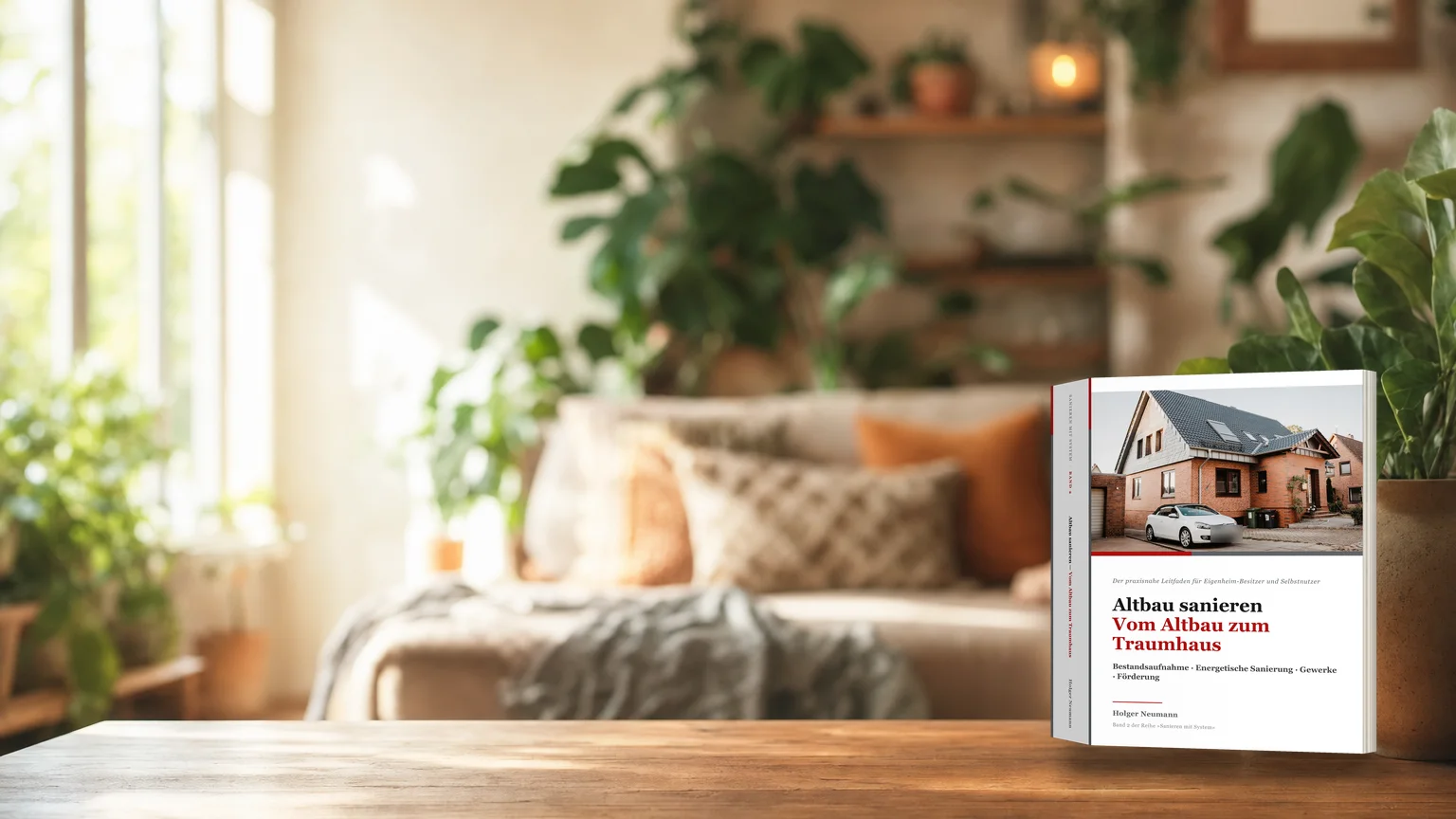 Fachbuch „Sanieren mit System“ Band 2 fürs Eigenheim auf einem Tisch im Wohnzimmer