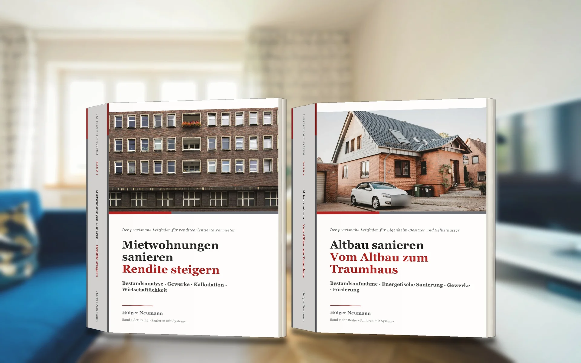 Beide Bände der Fachbuchreihe „Sanieren mit System“ im Wohnzimmer