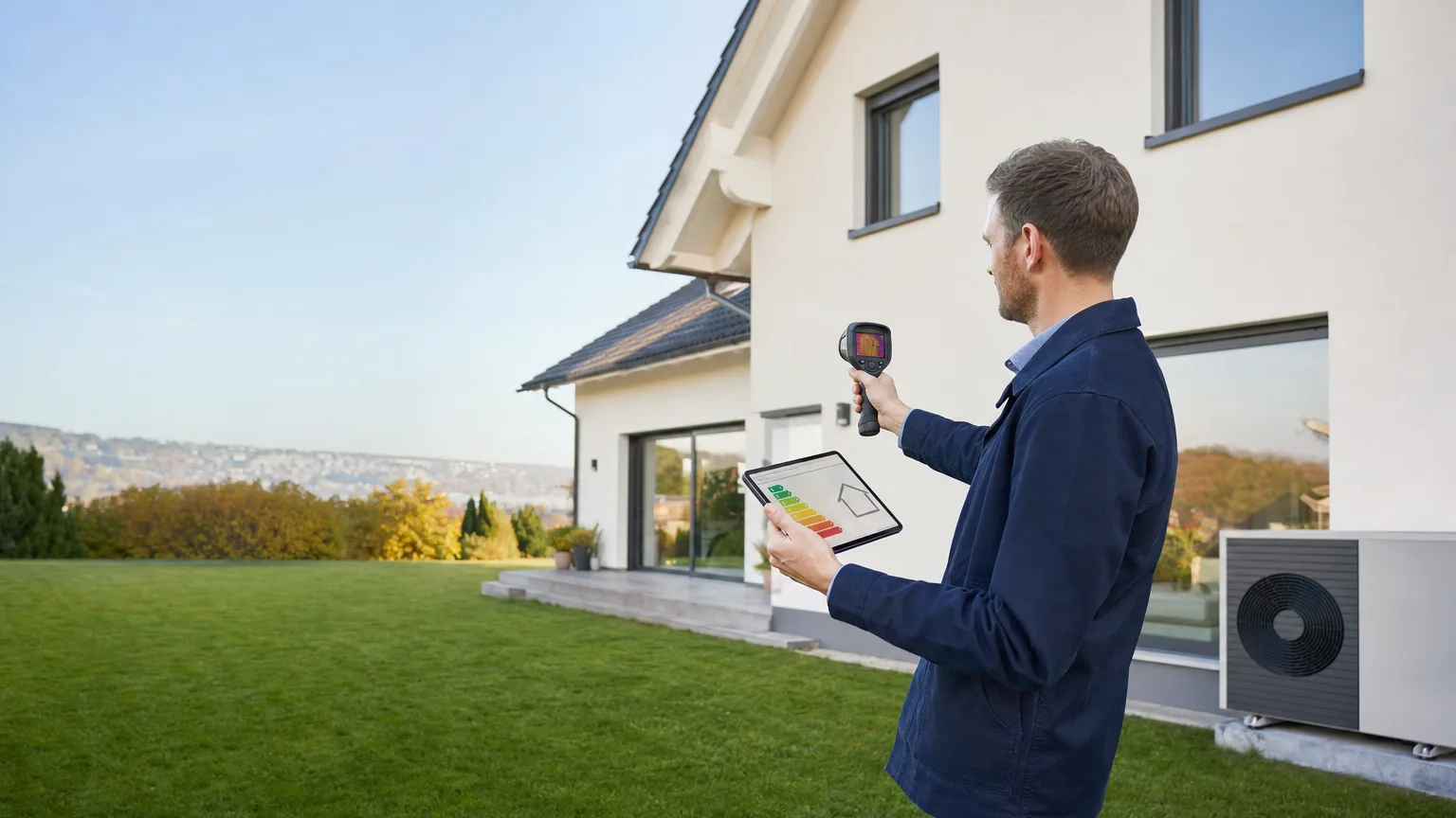 Energieberater mit Thermografiekamera und Tablet bewertet die Energieeffizienz eines Hauses mit Wärmepumpe – neurealis Energieberatung Dortmund